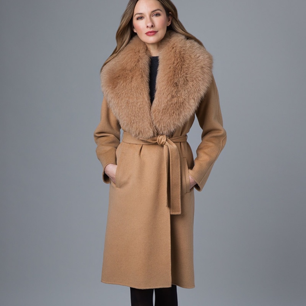 Kinross Blue Fox Fur Shawl Collar Coat New! Camel